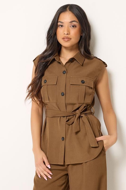 PixieGirl Petite Brown Belted Utility Shirt