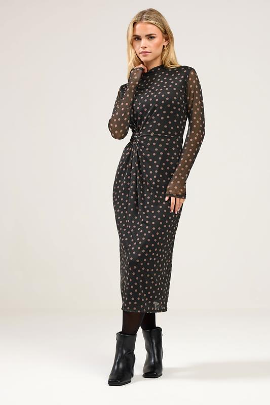  M&Co Petite Black Spot Print Side Twist Mesh Dress