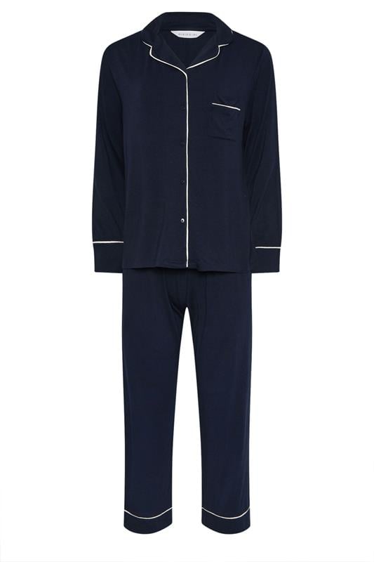 PixieGirl Petite Women's Navy Blue Piped Long Sleeve Jersey Pyjama Set | PixieGirl 5
