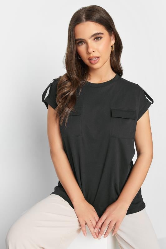 Petite Black Pocket Detail Cotton T-Shirt | PixieGirl 1