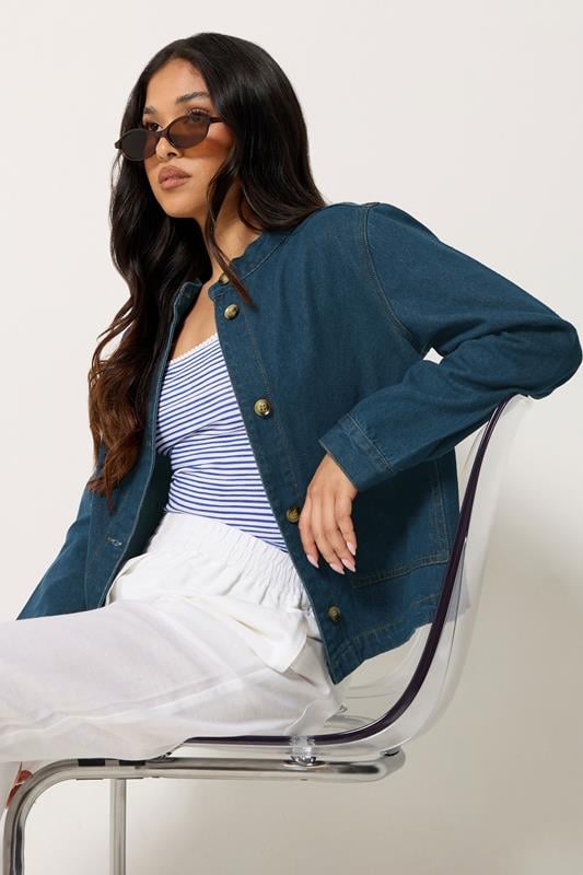  PixieGirl Petite Indigo Blue Collarless Denim Jacket