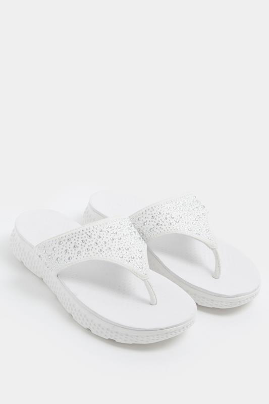 White Diamante T-Bar Sandals In Wide E Fit | Yours Clothing 1