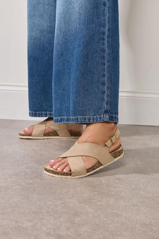 Plus Size  Yours Beige Brown Cross Strap Footbed Sandals In Wide E & Extra Wide EEE Fit
