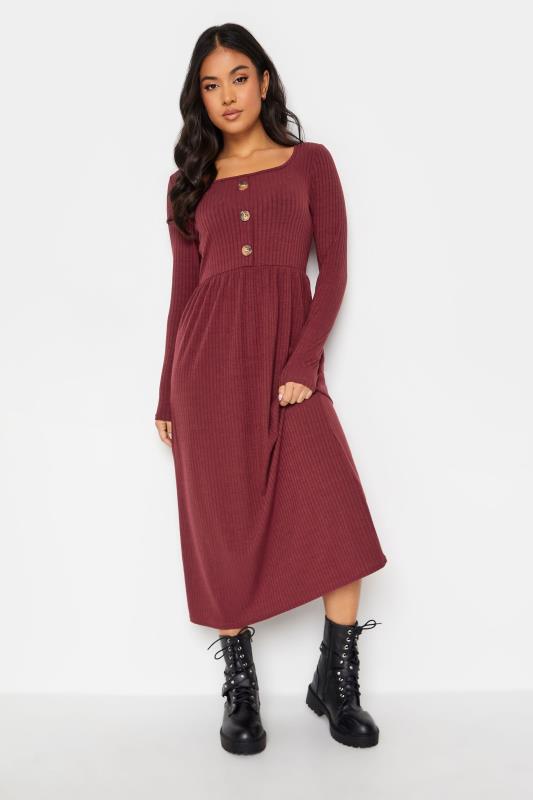 Petite  PixieGirl Berry Red Ribbed Long Sleeve Button Dress