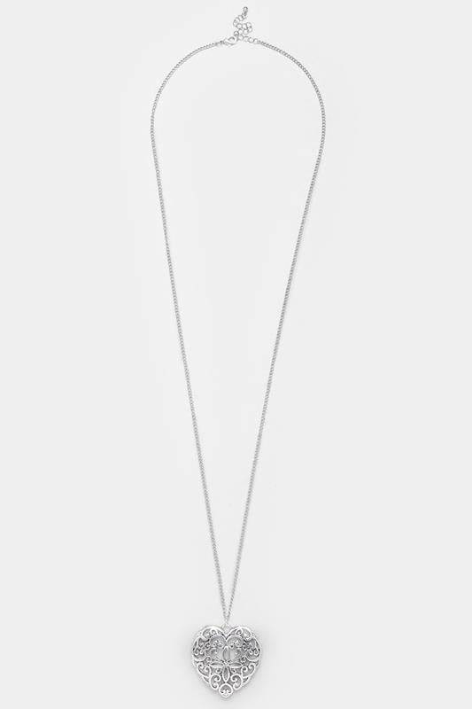 Silver Tone Filigree Heart Long Necklace | Yours Clothing 1