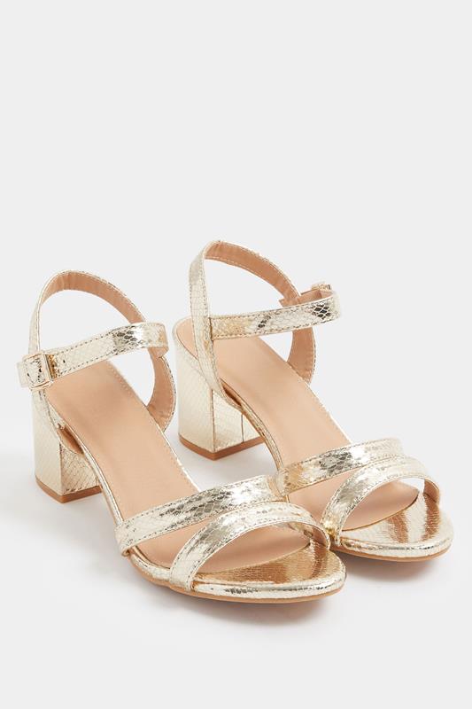 Gold Faux Leather Mid Block Heel Sandals In Wide E Fit
