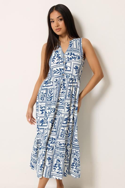 M&Co Petite Blue Leaf Print Sleeveless Cotton Midi Dress