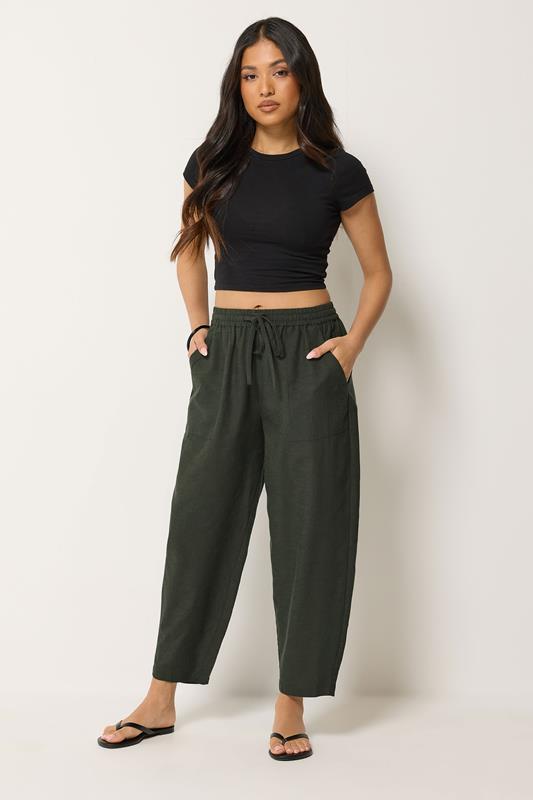  PixieGirl Petite Olive Green Linen Barrel Trousers