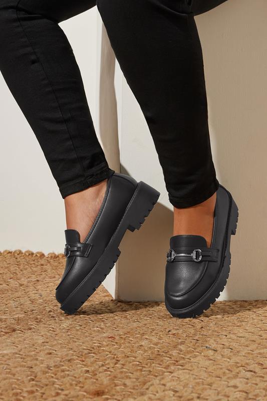 Plus Size  Yours Black Metal Trim Detail Loafers In Wide E & Extra Wide EEE Fit