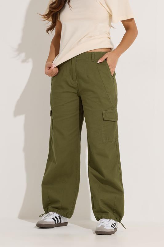 PixieGirl Petite Women's Khaki Green Cuffed Cotton Cargo Trousers | PixieGirl 1