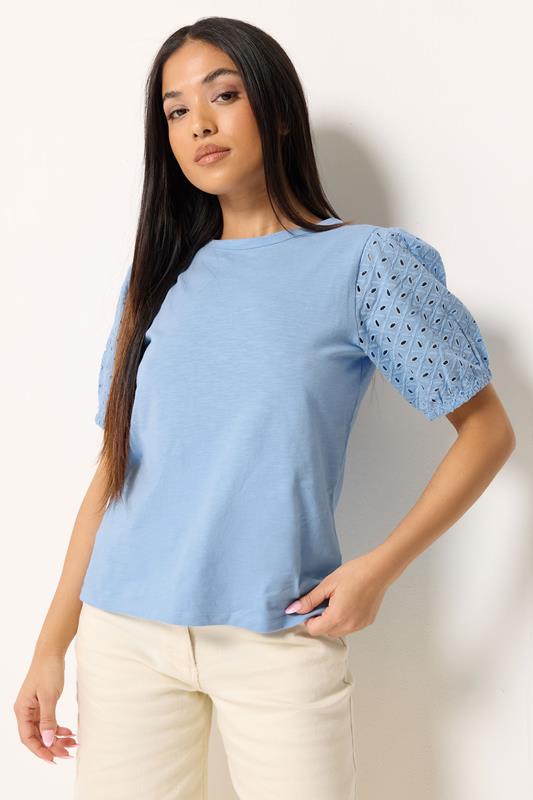  M&Co Petite Blue Broderie Cotton Puff Sleeve Top