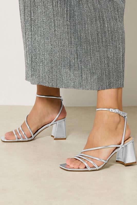 Plus Size  Yours Silver Aysmmetric Strappy Block Heels In Standard Fit