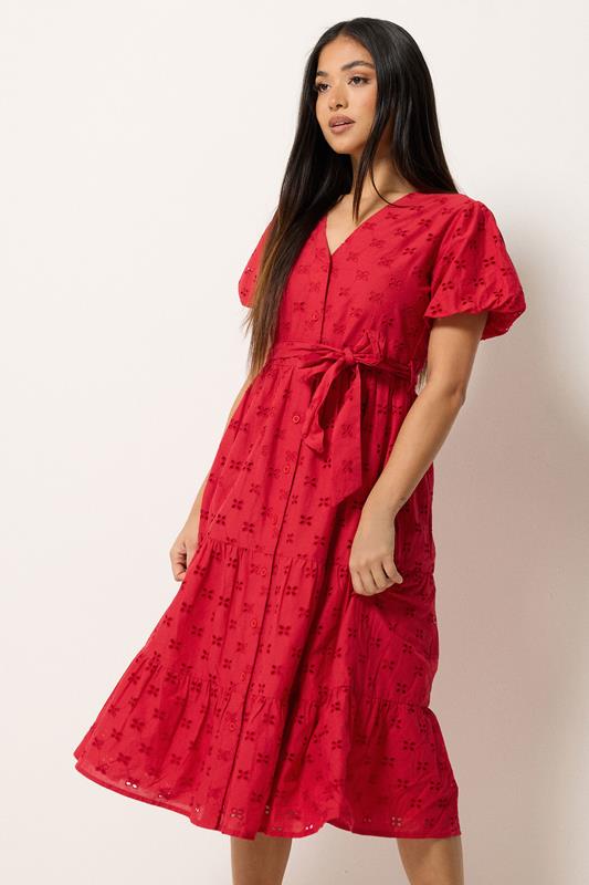  M&Co Petite Red Broderie Tie Waist Cotton Midi Dress