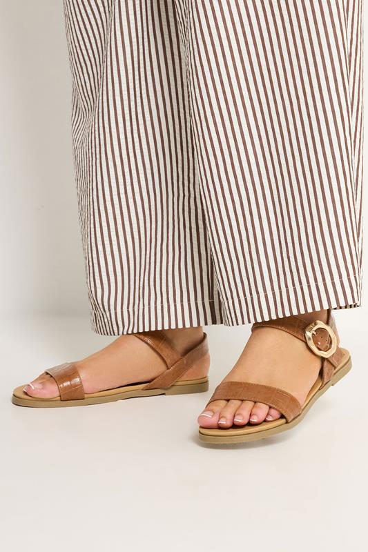 Brown Croc Buckle Detail Sandals In Wide E Fit | Yours Clothing 1