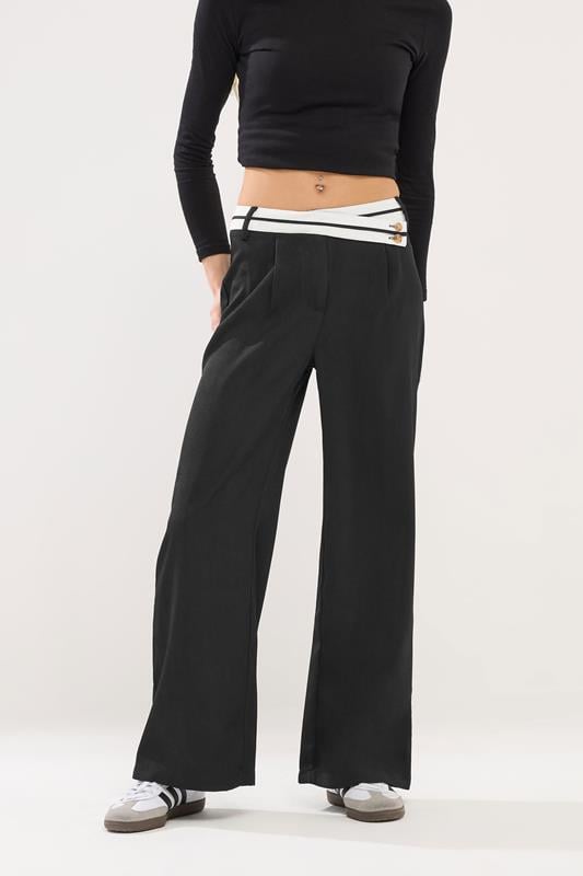 PixieGirl Petite Women's Black Cross Over Contrast Waistband Trousers | PixieGirl 2