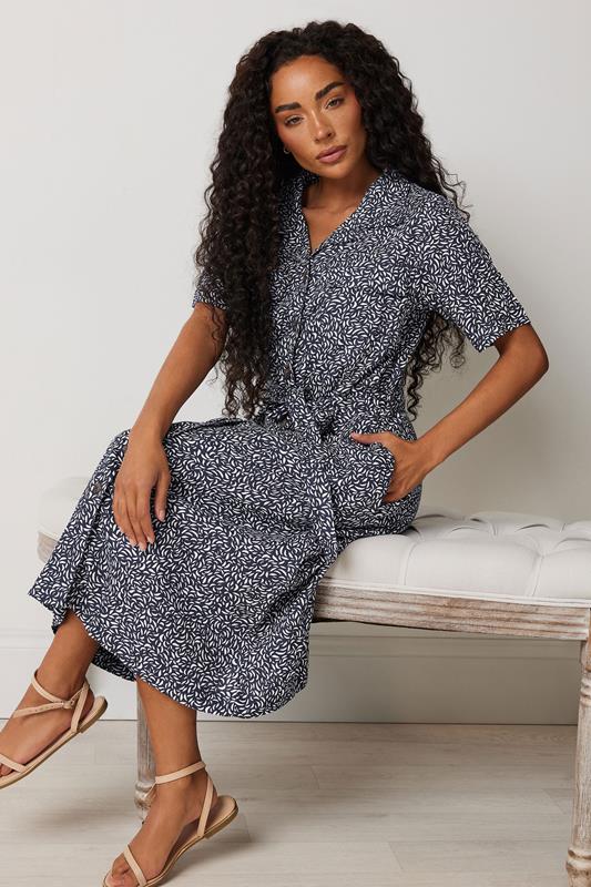  M&Co Petite Navy Blue Abstract Print Linen Shirt Dress