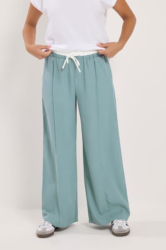 PixieGirl Petite Women's Blue Contrast Waist Wide Leg Trousers | PixieGirl 2