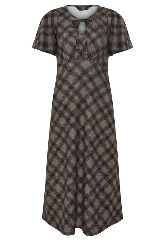 PixieGirl Petite Women's Brown Check Tie Front Midi Dress | PixieGirl 5