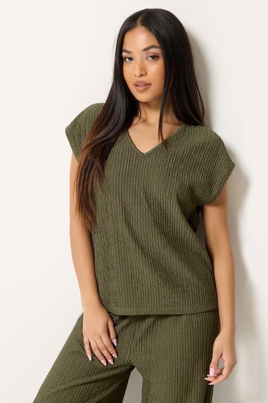M&Co Petite Khaki Green Textured V-Neck T-Shirt