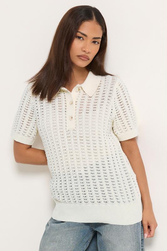 PixieGirl Petite Ivory White Crochet Polo Top