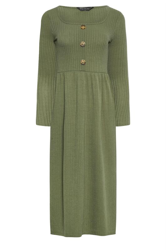 PixieGirl Petite Womens Khaki Green Ribbed Button Detail Midi Dress | PixieGirl 5