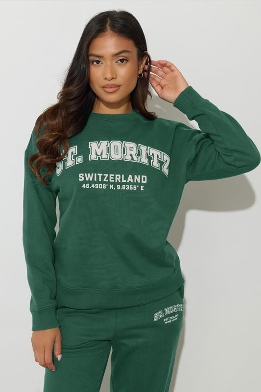 PixieGirl Petite Women's Green St Moritz Slogan Sweatshirt | PixieGirl 2