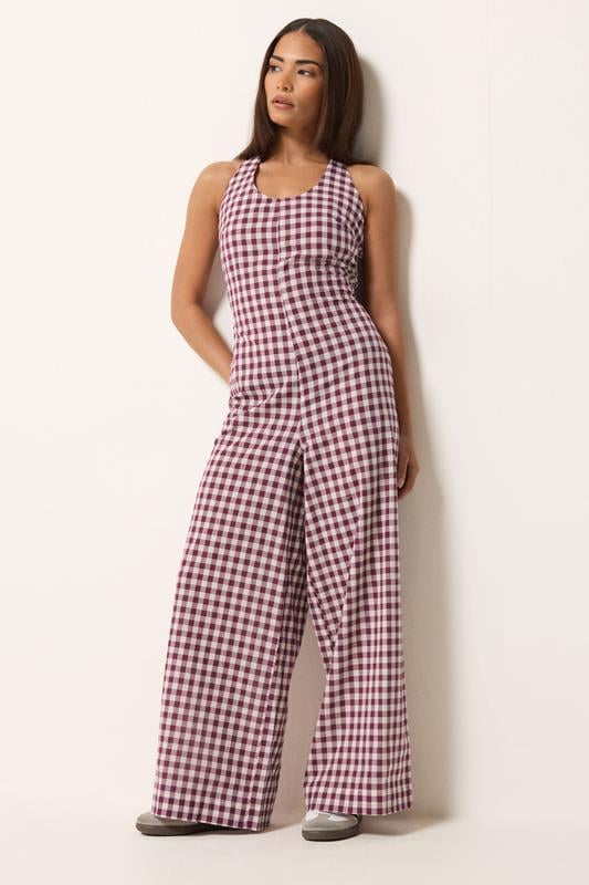 PixieGirl Petite Plum Purple Gingham Wide Leg Jumpsuit