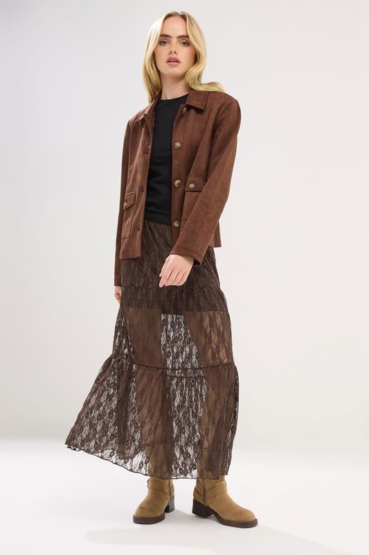 PixieGirl Petite Women's Chocolate Brown Lace Lined Maxi Skirt | PixieGirl 1