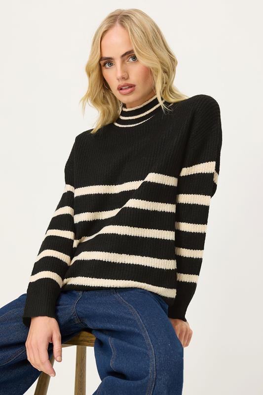 PixieGirl Petite Women's Black Stripe High Neck Knitted Jumper | PixieGirl 1