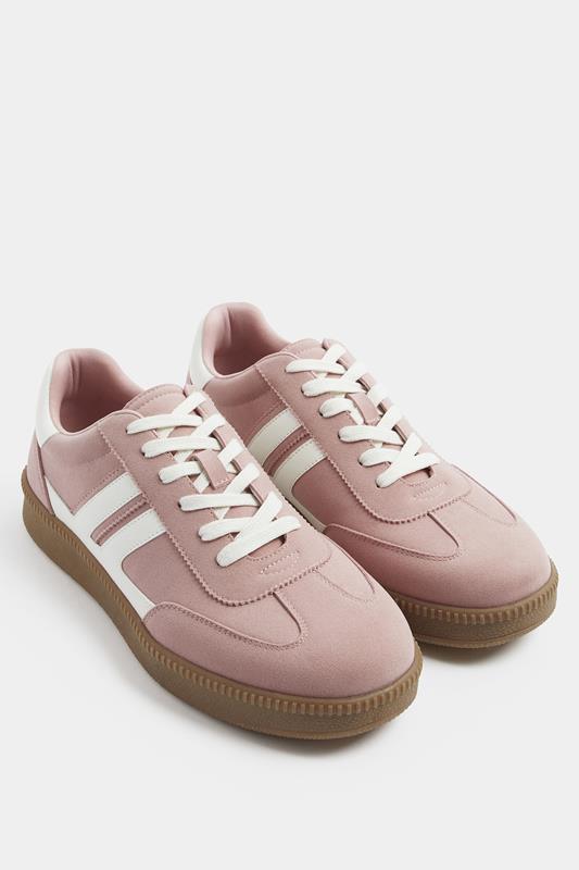 Pink Faux Suede Side Stripe Lace Up Trainer In Wide E Fit