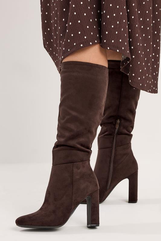Brown Faux Suede Heeled Knee High Boots In Standard Fit