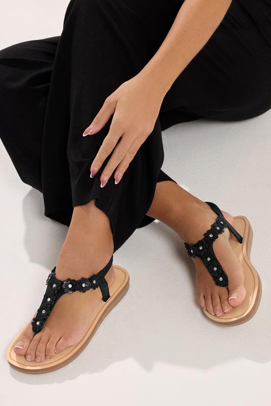 Black Flower Detail Diamante Sandals In Wide E Fit