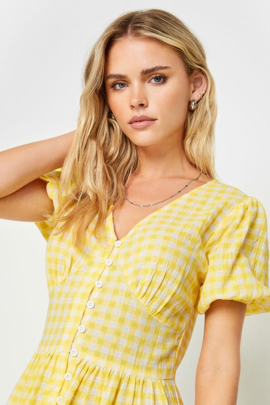 PixieGirl Petite Women's Yellow Gingham Print Button Through Midi Dress | PixieGirl 4