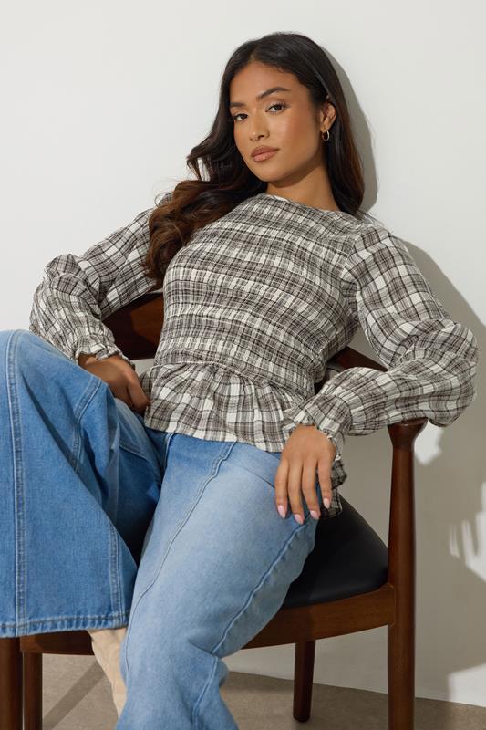 PixieGirl Petite Women's Brown Check Shirred Long Sleeve Top | PixieGirl 1
