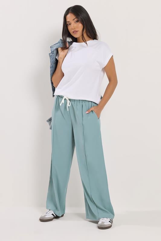 Petite  PixieGirl Petite Blue Contrast Waist Wide Leg Trousers