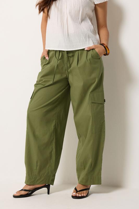 PixieGirl Petite Women's Khaki Green Poplin Cotton Cargo Barrel Leg Trousers | PixieGirl 1