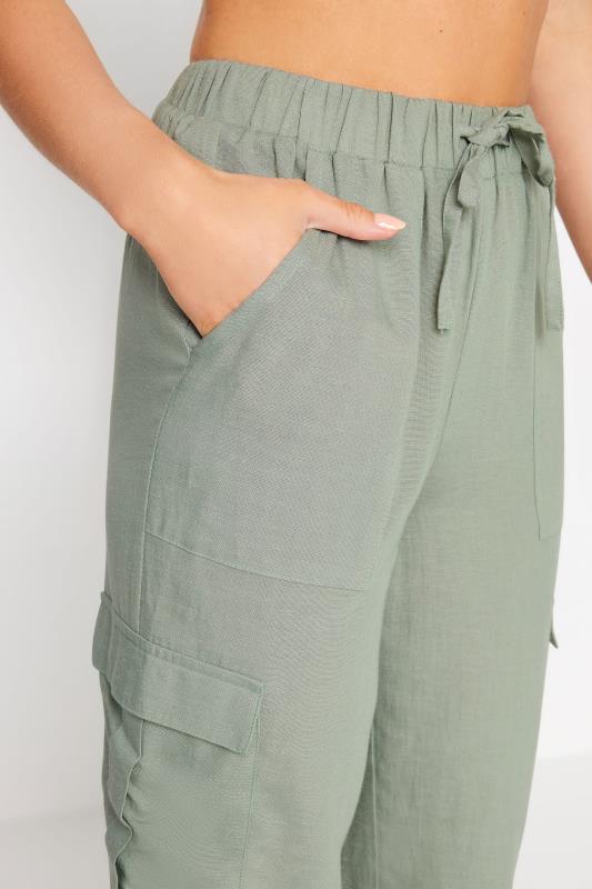 PixieGirl Petite Womens Sage Green Linen Cuffed Cargo Trousers | PixieGirl 5