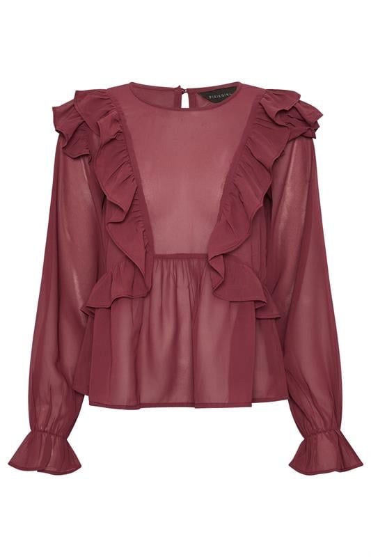 PixieGirl Petite Women's Burgundy Red Frill Shoulder Chiffon Blouse | PixieGirl 1