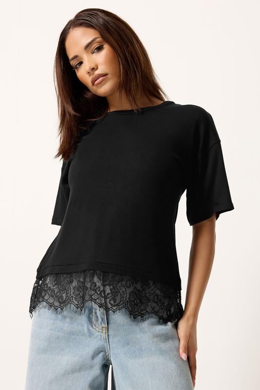 PixieGirl Petite Women's Black Lace Hem T-Shirt | PixieGirl 1