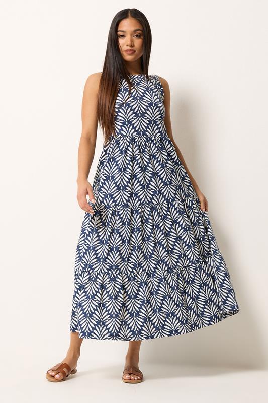  M&Co Petite Navy Blue Leaf Print Tiered Cotton Maxi Dress