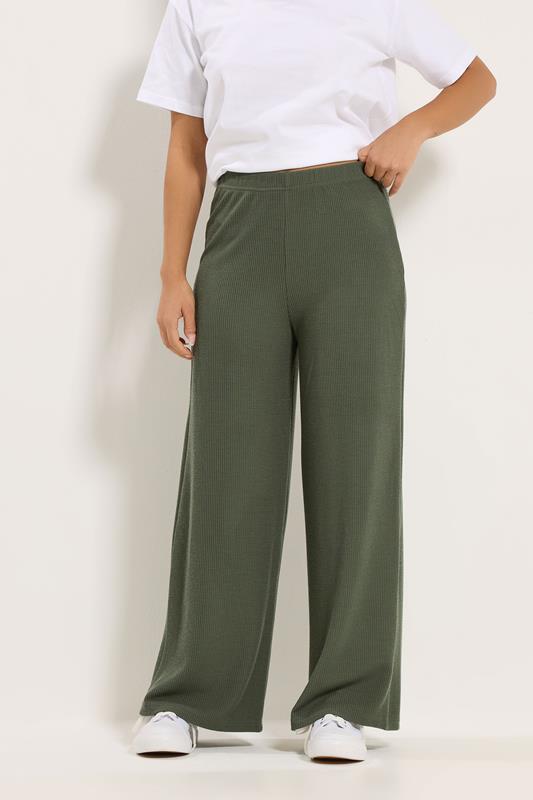 M&Co Petite Khaki Green Ribbed Wide Leg Trousers