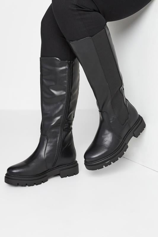 Plus Size  LIMITED COLLECTION Black Elasticated Knee High Cleated Boots In Wide E Fit & Extra Wide EEE Fit