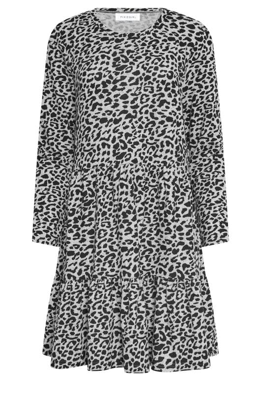 PixieGirl Petite Womens Grey Leopard Print Tiered Midi Dress | PixieGirl  6