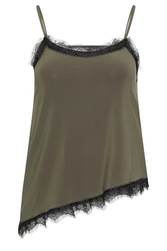 PixieGirl Petite Women's Khaki Green Lace Trim Asymmetric Vest Top | PixieGirl 5