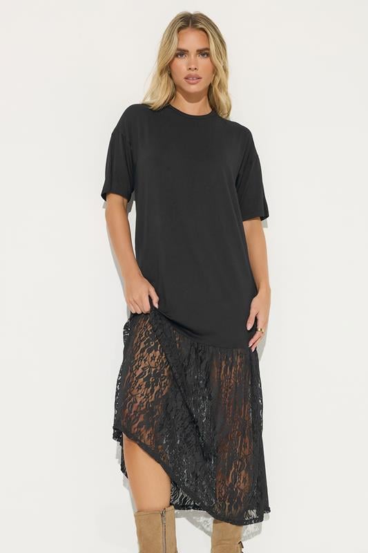 Petite  PixieGirl Petite Black Lace T-Shirt Maxi Dress