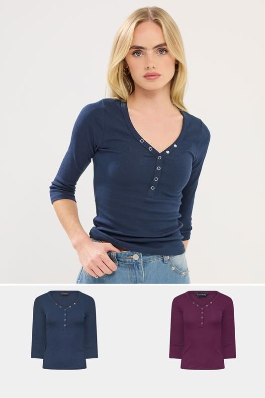 Petite  PixieGirl Petite 2 PACK Navy Blue & Burgundy Red Button Henley Tops