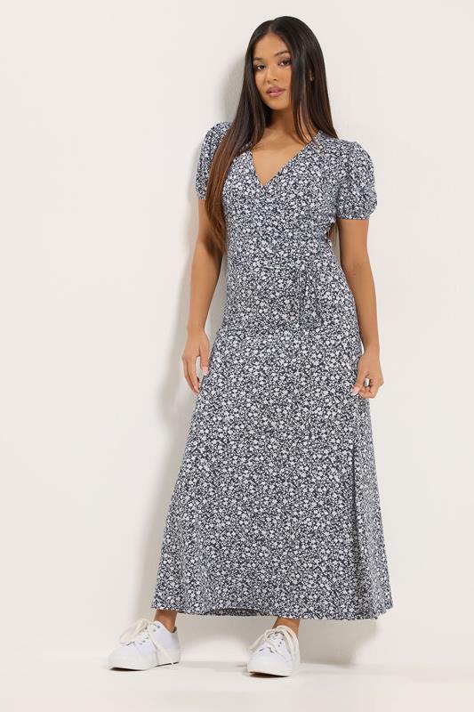  M&Co Petite Navy Blue Floral Print Maxi Wrap Dress