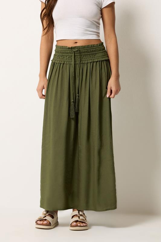 PixieGirl Petite Women's Olive Green Tie Waist Maxi Skirt | PixieGirl 1