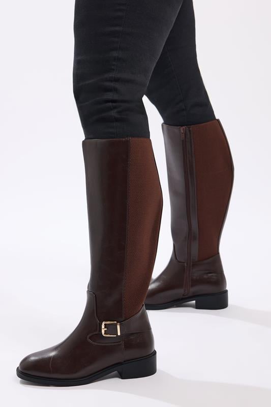 Plus Size  Yours Brown Buckle Detail Knee High Boots In Extra Wide EEE Fit