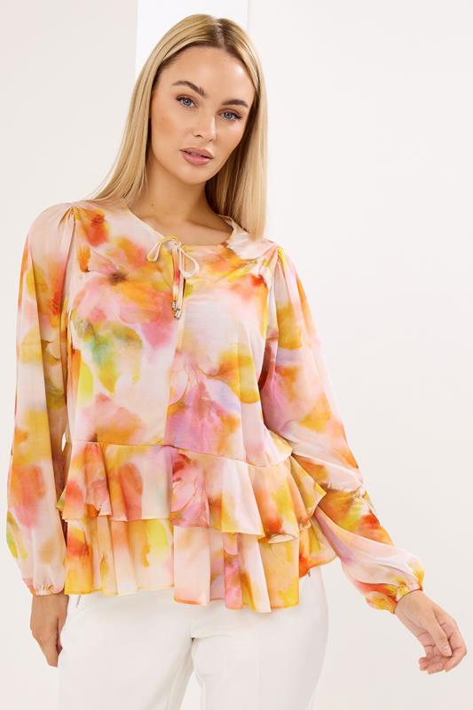  STAR Orange Abstract Frill Hem Blouse